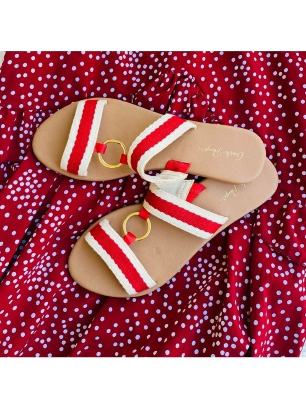 Red & White Canvas Sandals With Gold Ring Accent Size 8